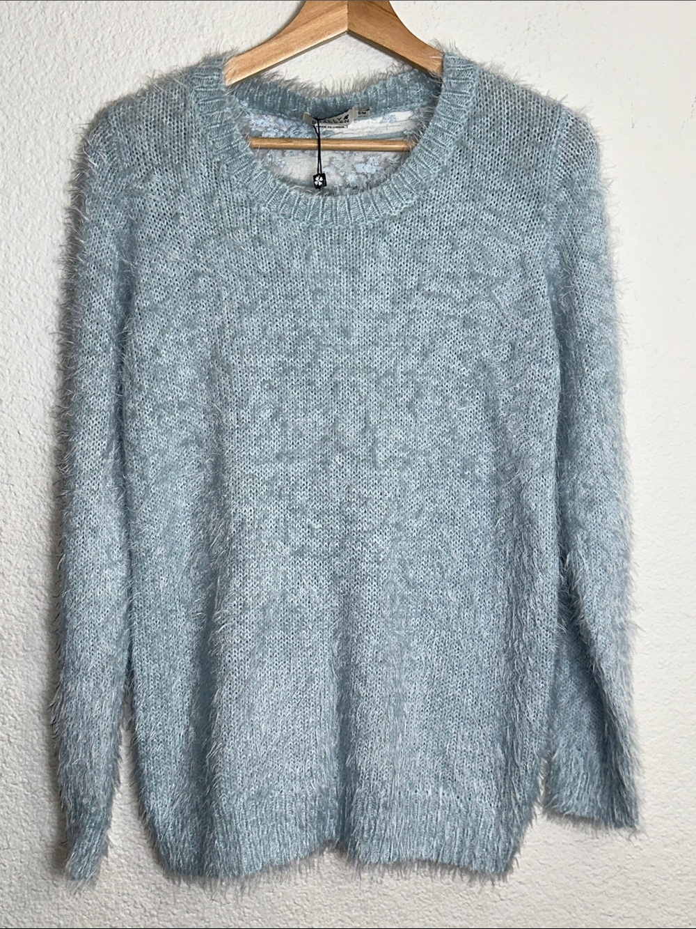 NEW Molly Bracken Fuzzy Knitted Sweater Light Blue Back Floral Lace Size Small
